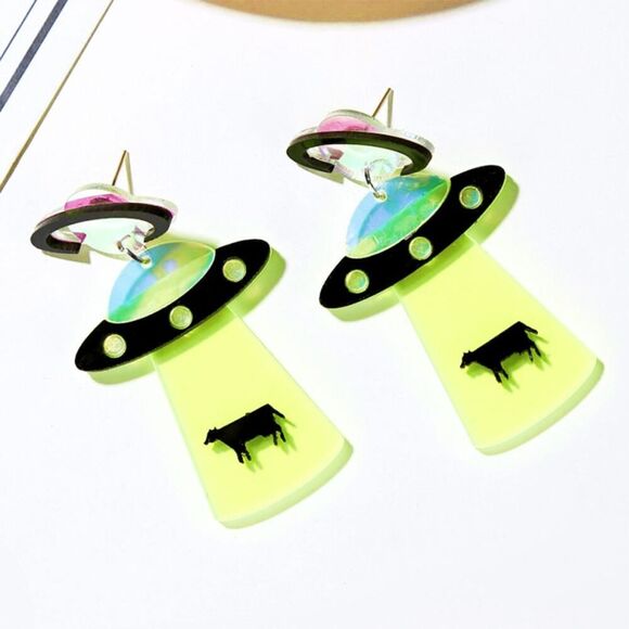 Neon Alien Space Ship Abducting‎ Cow Acrylic Earrings - Picture 8 of 9